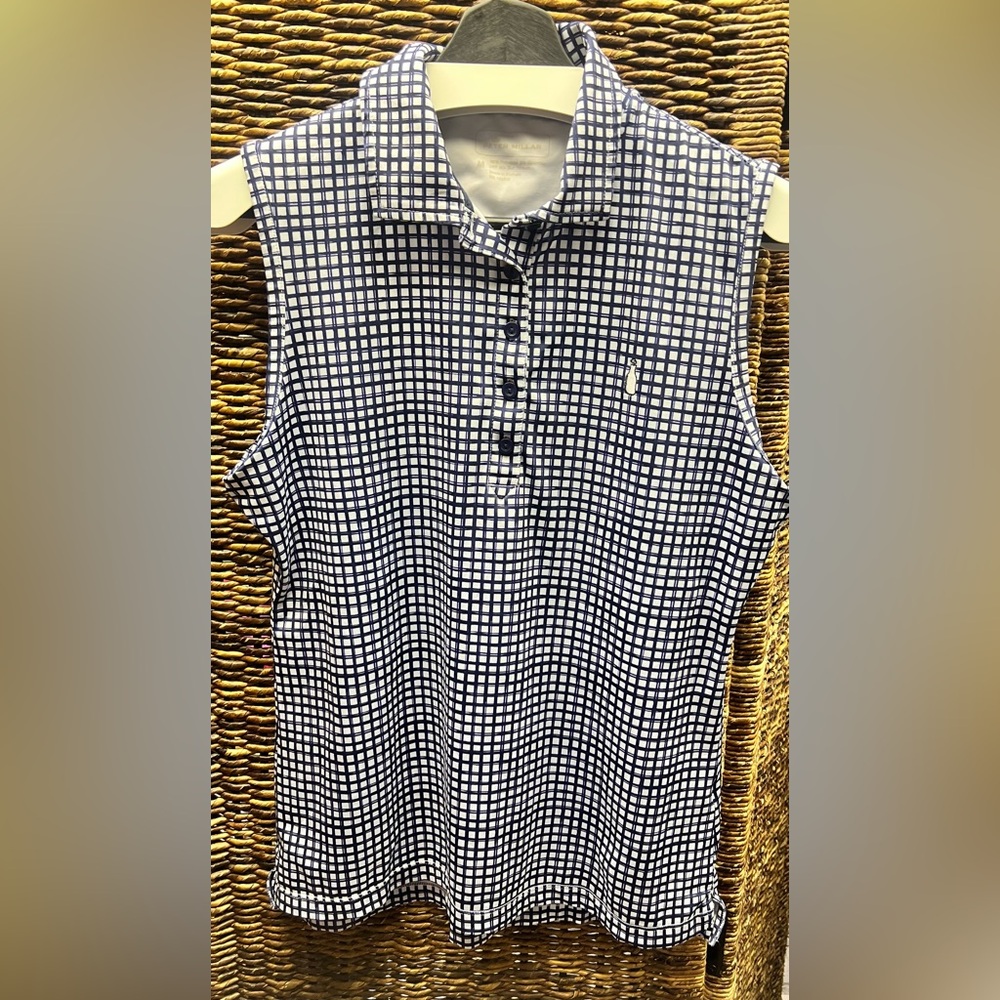 Peter Millar- Womens Navy/White Tank Button Shirt- McArther Milk Jug Logo,Medium
